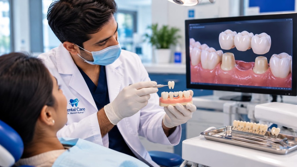 Dentist providing crown and bridge care consultation to patient at Dental Care Khagaria