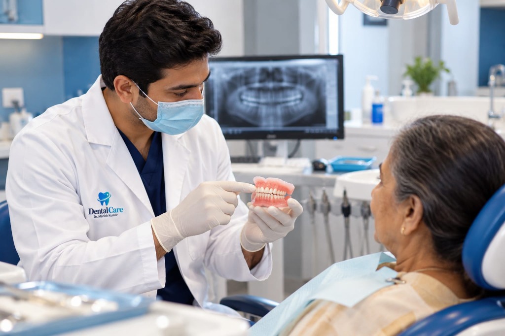 Dentist explaining complete denture prosthesis to patient at Dental Care Khagaria