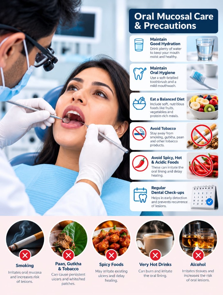 Oral mucosal care, precautions, and daily healing tips at Dental Care Khagaria
